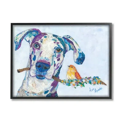 Stupell Industries Dane And Songbird Perched Branch Floral Dog Collage By Lisa Morales - Floater Frame Painting On Canv In Midnight Black Framed Giclee