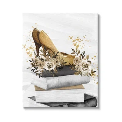 Stupell Industries Dazzling Floral Heel Shoes Trendy Books Stacked By Kim Allen - Floater Frame Graphic Art On Canvas In Wrapped Canvas
