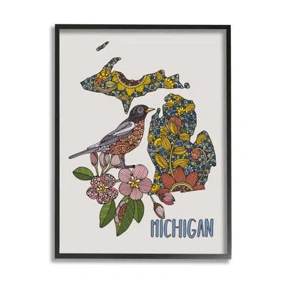 Stupell Industries Detailed Michigan State Robin Bird And Flower Patterns By Valentina Harper - Floater Frame Graphic A In Midnight Black Framed Giclee