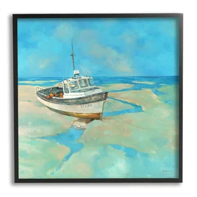 Stupell Industries Docked Boat Low Tide Shore By Graham Reynolds - Floater Frame Painting On Wood In Midnight Black Framed Giclee