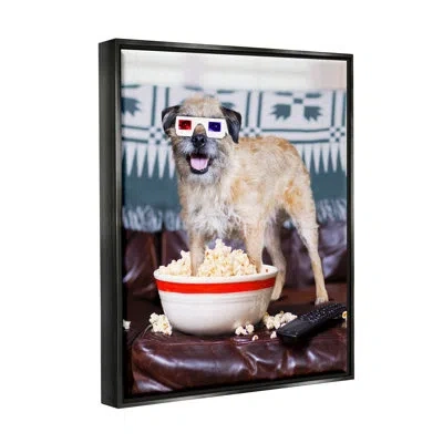 Stupell Industries Dog 3-d Movie Night Couch Snacking Popcorn By Michael Quackenbush - Floater Frame Print On Canvas In Jet Black Floater Frame