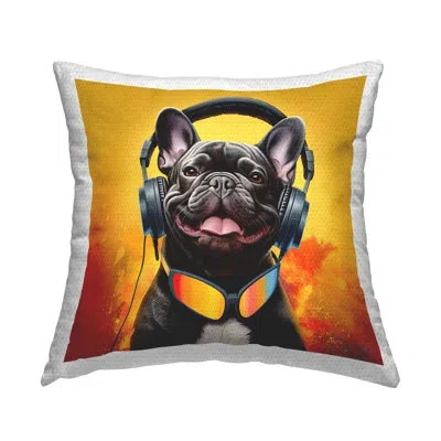 Stupell Industries Dog & Headphones Portrait Outdoor Printed Pillow By Jim Baldwin In Yellow