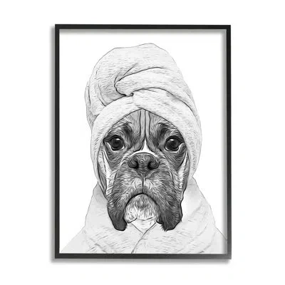 Stupell Industries Dog In Bathrobe Funny Pet On Wood By Annalisa Latella Graphic Art In Midnight Black Framed Giclee