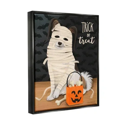 Stupell Industries Dog Wearing Mummy Costume Trick Or Treat Halloween By Diane Neukirch - Floater Frame Print On Canvas In Jet Black Floater Frame