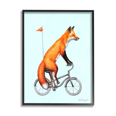 Stupell Industries Eccentric Red Fox Riding Bicycle Biking Flag Giclee Texturized Art Set By Amelie Legault In Midnight Black Framed Giclee