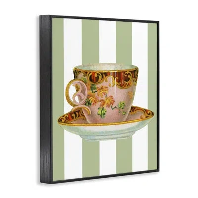 Stupell Industries Elegant Teacup On Green Stripes Framed Giclee Art, Design By Lil' Rue In Midnight Black Framed Giclee