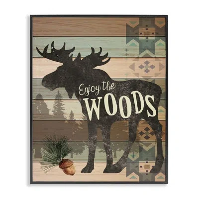 Stupell Industries Enjoy The Wood Patterned Moose - Floater Frame Graphic Art On Wood In Midnight Black Framed Giclee