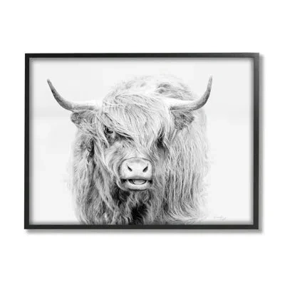 Stupell Industries Expressive Highland Cattle Monochrome Animal Portrait - Floater Frame Photograph On Canvas In Midnight Black Framed Giclee