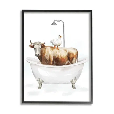 Stupell Industries Farm Animals Bathtub On Wood By Ziwei Li In Midnight Black Framed Giclee
