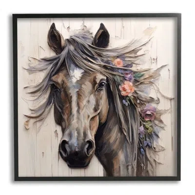Stupell Industries Farm Horse Floral Mane - Single Picture Frame Print On Wood In Midnight Black Framed Giclee