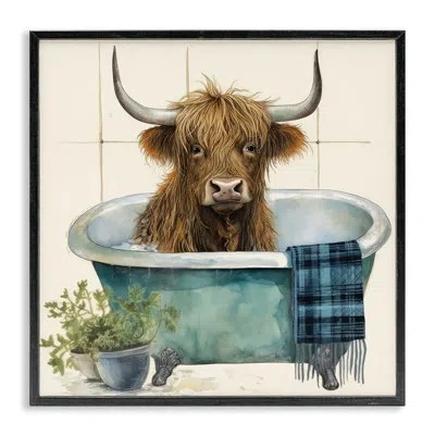Stupell Industries Farmhouse Cow In Tub Single Picture Frame Print On Canvas In Midnight Black Framed Giclee