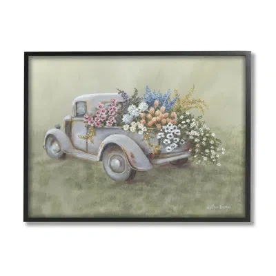Stupell Industries Farmhouse Flower Buggy Car By Pam Britton - Floater Frame Painting On Wood In Midnight Black Framed Giclee