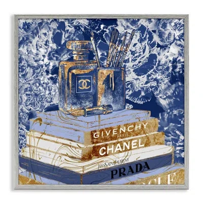 Stupell Industries Fashion Book Pile Glam Designer Accessories Blue Gold In Farmhouse Gray Framed Giclee