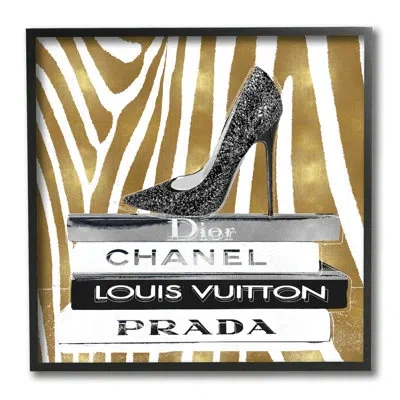 Stupell Industries Fashion High Heel Bookstack Glam Gold Zebra Print In Midnight Black Framed Giclee