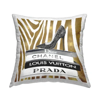 Stupell Industries Fashion High Heel Bookstack Glam Gold Zebra Print Outdoor Printed Pillow By Madeline Blake In Beige