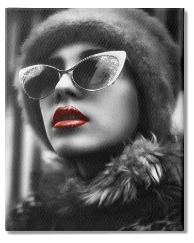 Stupell Industries Fashion Woman Red Lips Glam Sunglasses Fur Coat Stretched Canvas Wall Art By Ziwei Li In Grey