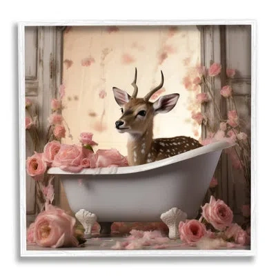 Stupell Industries Fawn In Rose Filled Tub Single Picture Frame Print On Canvas In Coastal White Framed Giclee