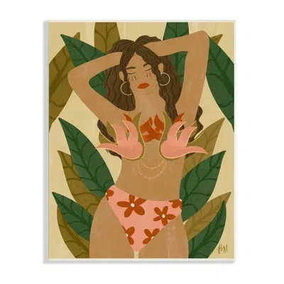 Stupell Industries Female In Fierce Pink Bikini Over Tropical Plants By Birch&ink - Wrapped Canvas Graphic Art In Coastal White Framed Giclee
