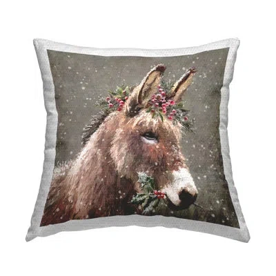Stupell Industries Festive Donkey Holly Berries Outdoor Printed Pillow By Pip Wilson In Brown;green;red