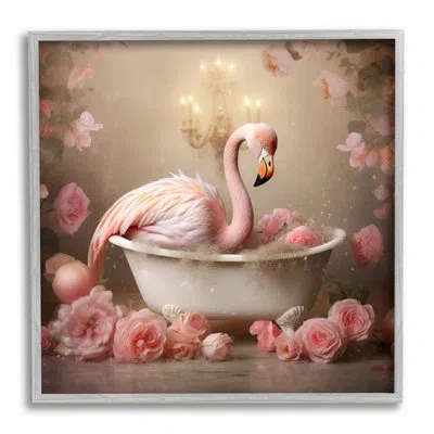 Stupell Industries Flamingo In Rose Filled Tub - Single Picture Frame Print On Wood In Farmhouse Gray Framed Giclee