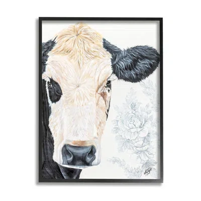 Stupell Industries Floral Cow Farmhouse Rural Portrait By Diane Fifer - Floater Frame Graphic Art On Wood In Midnight Black Framed Giclee