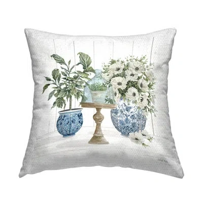 Stupell Industries Flower Arrangement Ornate Vase Outdoor Printed Pillow By Cindy Jacobs In Blue;white;green