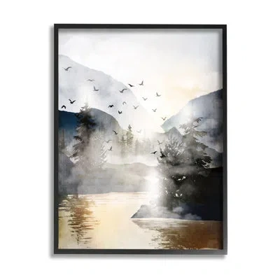Stupell Industries Flying Birds Mountain Lake View - Floater Frame Graphic Art On Wood In Midnight Black Framed Giclee