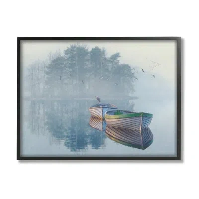 Stupell Industries Foggy Boat Lake Reflection By Steve Hunziker - Floater Frame Graphic Art On Wood In Midnight Black Framed Giclee