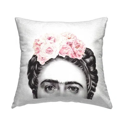 Stupell Industries Frida With Pink Roses Powerful Full Eyed Portrait Outdoor Printed Pillow By Ros Ruseva In White;gray;pink