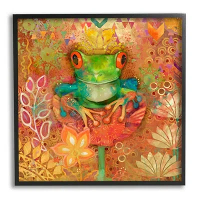Stupell Industries Frog Perched On Flower By Evelia Designs - Single Picture Frame Print On Wood In Midnight Black Framed Giclee
