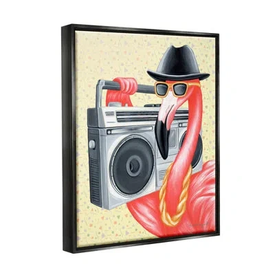 Stupell Industries Funky Retro Flamingo Boombox Music Geometric Pattern By Amelie Legault - Floater Frame Print On Canv In Jet Black Floater Frame