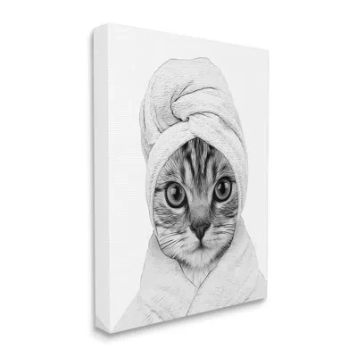 Stupell Industries Funny Cat In Bathrobe Portrait On Canvas Graphic Art In Black;white