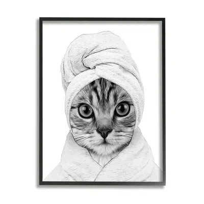 Stupell Industries Funny Cat In Bathrobe Portrait On Wood By Annalisa Latella Graphic Art In Midnight Black Framed Giclee