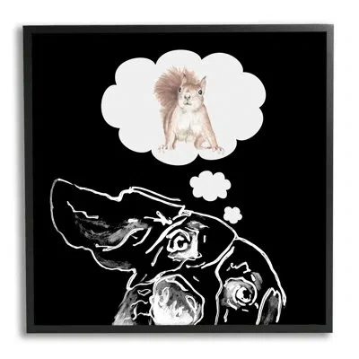 Stupell Industries Funny Dog Dreaming Squirrel Pet By Patricia Pinto - Floater Frame Graphic Art On Wood In Midnight Black Framed Giclee