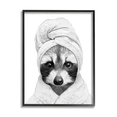 Stupell Industries Funny Raccoon Bathrobe Towel On Wood By Annalisa Latella Graphic Art In Midnight Black Framed Giclee