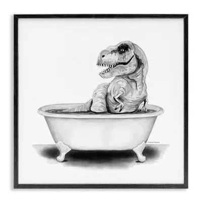 Stupell Industries Funny T-rex Bathtub Washroom By Rachel Nieman - Floater Frame Graphic Art On Wood In Midnight Black Framed Giclee