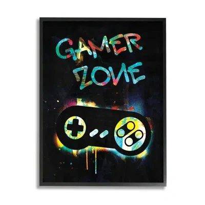 Stupell Industries Gamer Zone Vintage Controller Neon Paint Splatter By Victoria Barnes - Floater Frame Textual Art On  In Midnight Black Framed Giclee