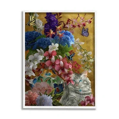 Stupell Industries Gilded Cat & Flowers Framed On Wood By Nene Thomas In Coastal White Framed Giclee