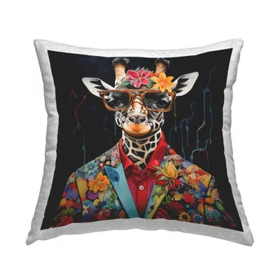 Stupell Industries Giraffe In Floral Suit Outdoor Printed Pillow By Lazar Studio In Black