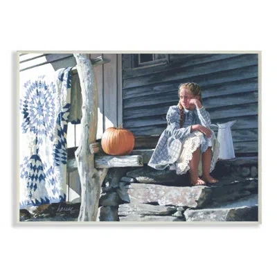 Stupell Industries Girl In Plaid Dress On Porch Geometric Quilt By Heide Presse - Graphic Art Print In Wall Plaque