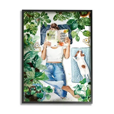 Stupell Industries Girl Reading Book With Dog By Enya Todd - Floater Frame Graphic Art On Canvas In Midnight Black Framed Giclee