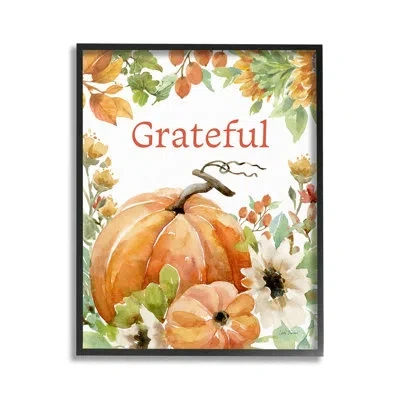 Stupell Industries " Grateful Pumpkins & Flowers Single Picture Frame " By Leslie Trimbach On Canvas In Midnight Black Framed Giclee