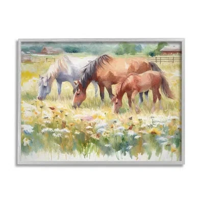 Stupell Industries Grazing Horses In Meadow By Ramona Murdock Floater Frame Print On Canvas In Luster Gray Floater Frame