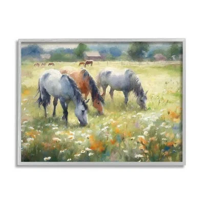 Stupell Industries Grazing Horses In Pasture By Ramona Murdock Single Picture Frame Print On Canvas In Farmhouse Gray Framed Giclee