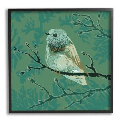 Stupell Industries Green Bird Perched Abstract Botanical Sprigs Detail By Verbrugge Watercoloured - Floater Frame Graph In Midnight Black Framed Giclee