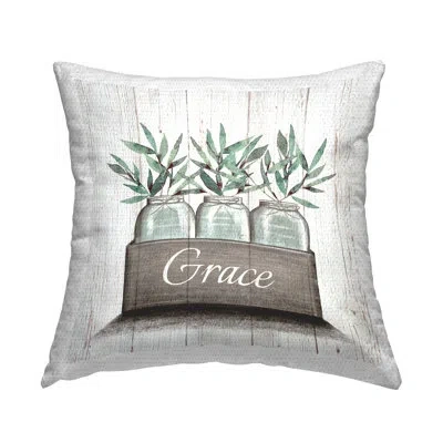 Stupell Industries Green Plant Foliage In Jars With Grace Sentiments Outdoor Printed Pillow By Elizabeth Tyndall In Brown;white;green
