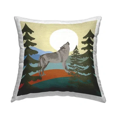 Stupell Industries Grey Howling Wolf Forest Trees Moon Outdoor Printed Pillow By Victoria Barnes In Green;gray;orange