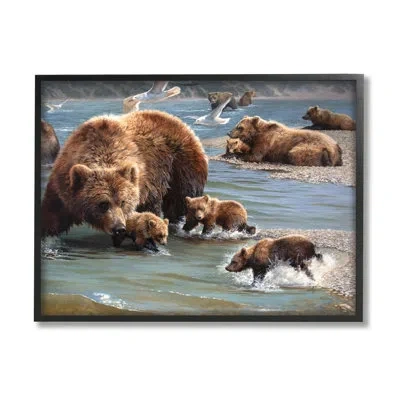 Stupell Industries Grizzly Bear Family Fishing Framed On Wood By Bonnie Marris Painting In Midnight Black Framed Giclee
