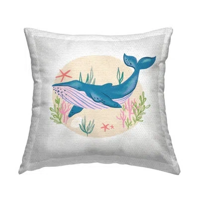 Stupell Industries Happy Blue Whale Marine Animal Sea Life Outdoor Printed Pillow By Deborah Curiel In Blue;white;green