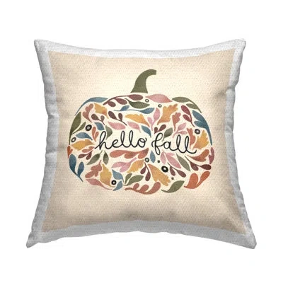 Stupell Industries Hello Fall Mixed Leaves Pumpkin Shape Calligraphy Outdoor Printed Pillow By Laura Konyndyk In White;green;beige